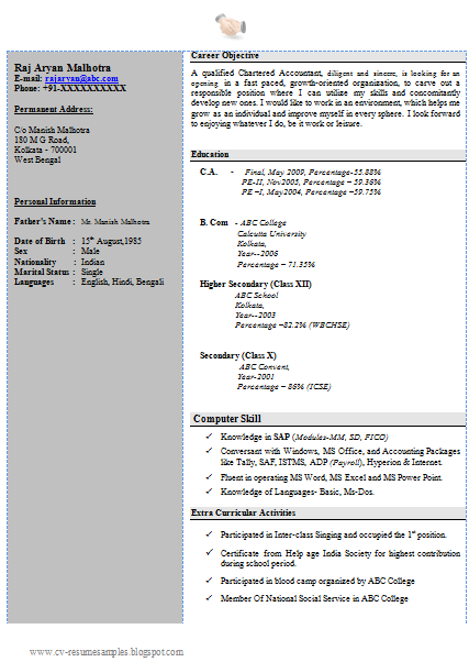 Resume format for freshers engineers cse